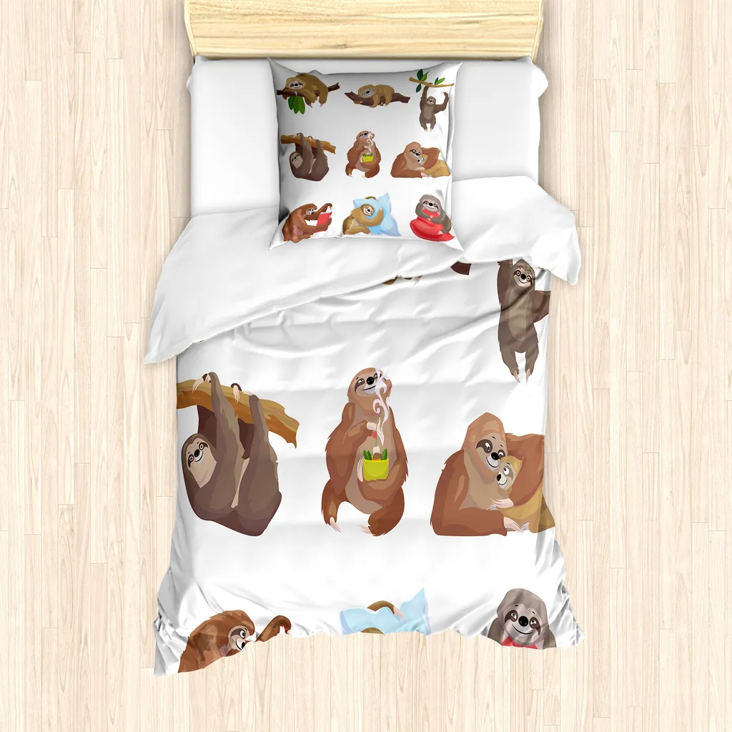 ABAKUHAUS Divertente set copripiumino per letto singolo Sloth, animale pigro dei cartoni animati, antiacaro, adatto a chi soffre di allergie, con federa, 135 cm x 200 cm - 80 x 80 cm, marrone chiaro multicolore