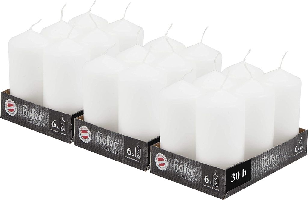 HOFER Stumpenkerzen 18 Stück Set – Weiß – 6 x 12 cm – 39h Produktbild 
