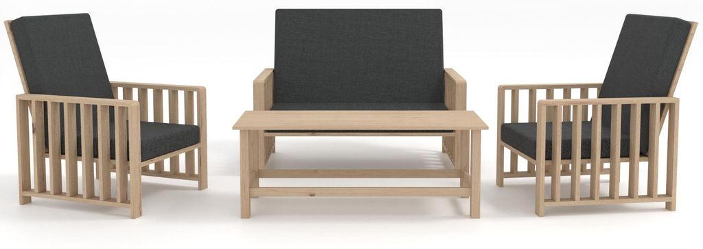 SET Solena Gartenmöbel Kiefer mit graphitfarbenen Kissen 2 Sesseln Sofa und Tisch aus Kiefernholz für Terrasse Balkon Garten Lounge Möbel modern