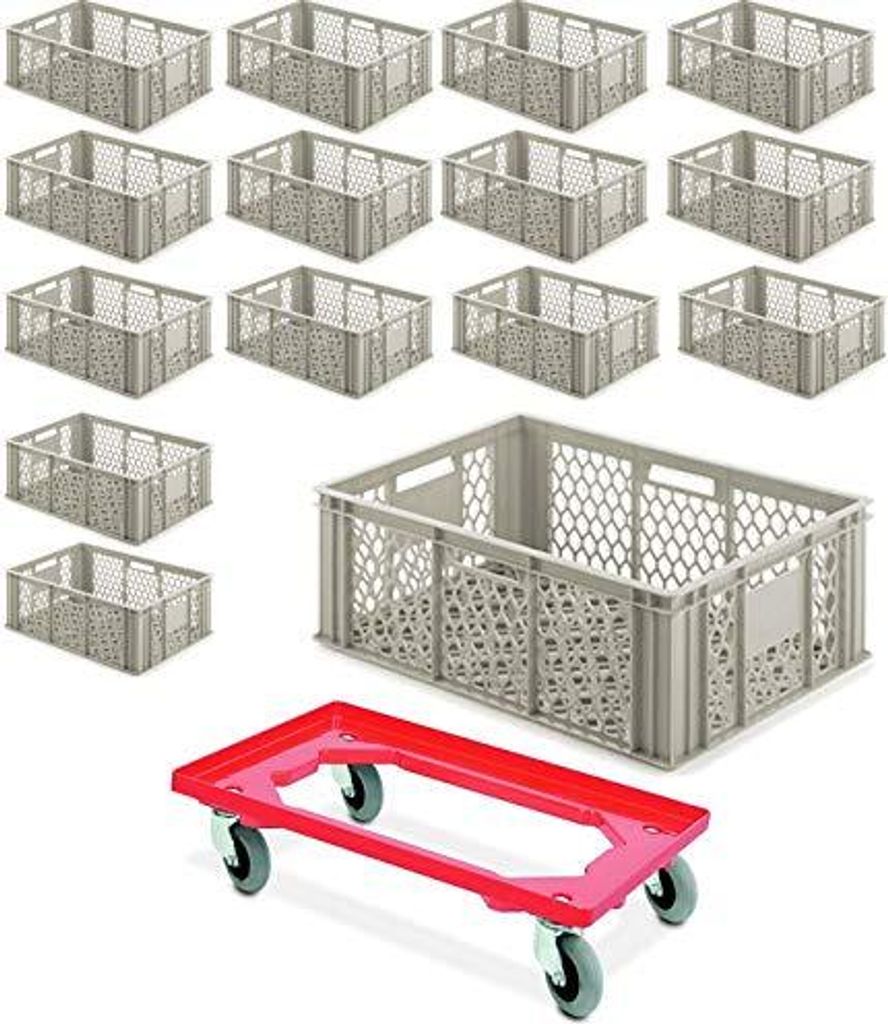 15x Eurobehälter durchbrochen 600x400x220 mm, 42,5 Liter, kieselgrau PLUS GRATIS Transportroller mit Flüsterrollen