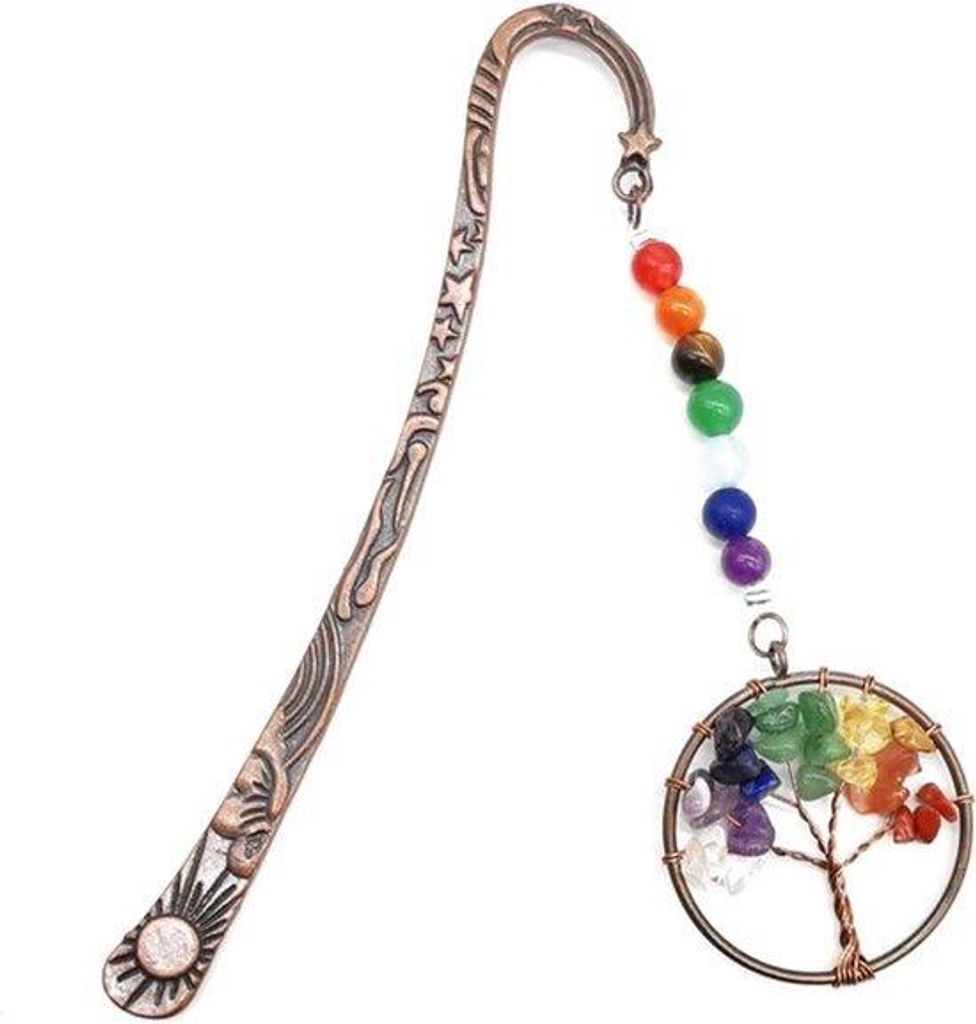Bronzene Lesezeichen mit Kristallen und 7 Chakra Rollen