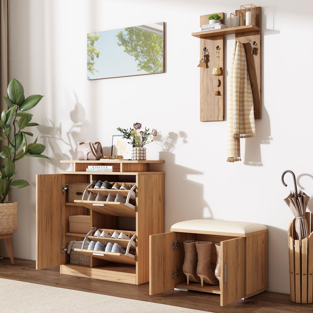 A hallway scene featuring a furniture set for an entryway.