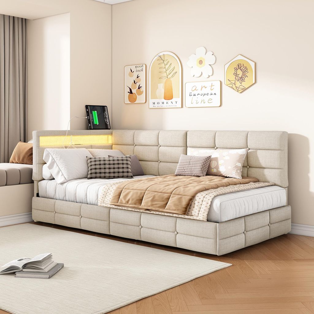 INONEFT čalúnená posteľ 90 × 200 cm, posteľ v tvare "L", Obrázok produktu 