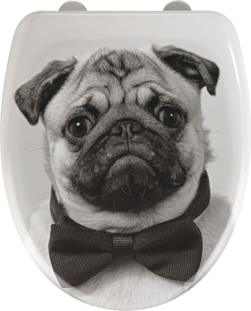 A black and white image of a pug wearing a bow tie, printed on a toilet seat.