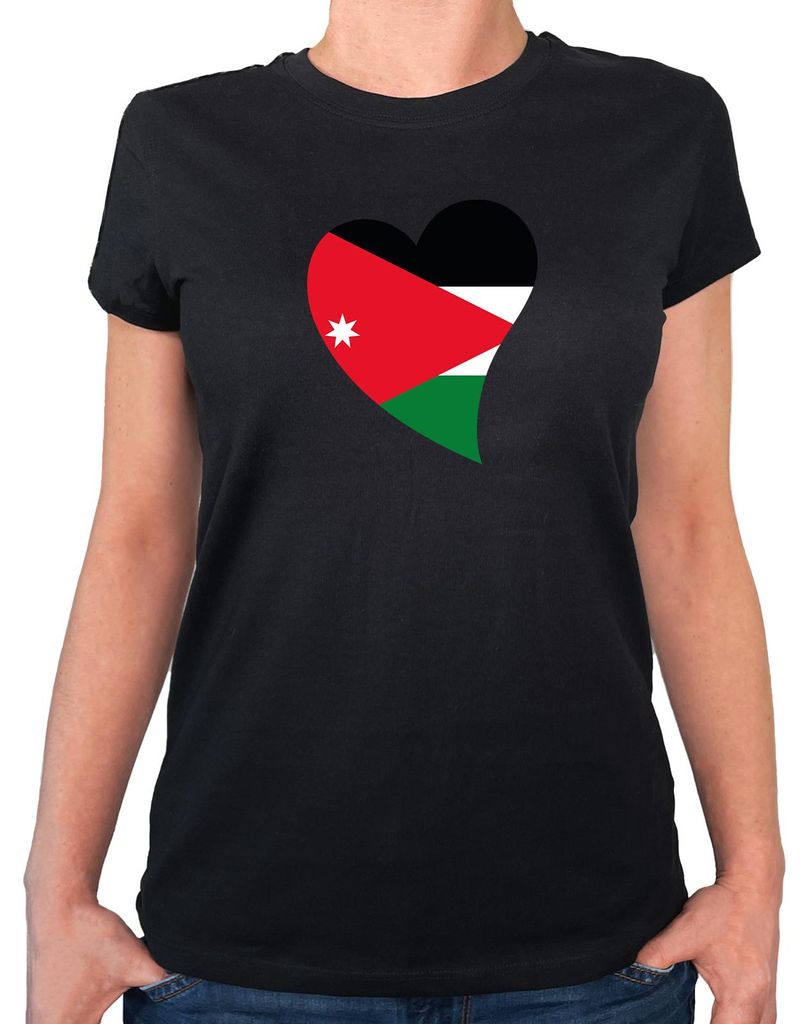 Huuraa Damen T-Shirt Jordanien Flagge Herz S Black Bio Baumwolle Fairtrade Damenshirt Geschenkidee