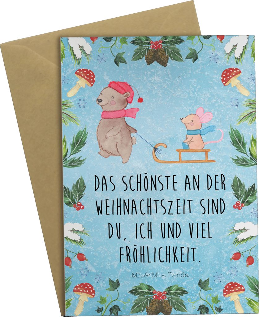 Mr. & Mrs. Panda babykarte Bär und Maus Schlitten - Eisblau - Geschenk, Weihnachten, osterkarten, Grußkarten, weihnachtskarten, hochzeitskarten, ...