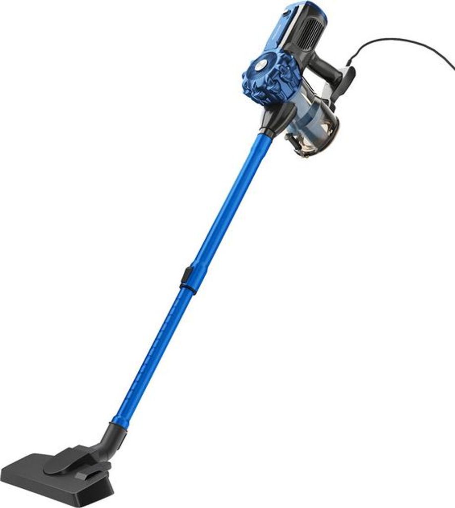 A blue and black corded stick vacuum cleaner is shown against a white background.