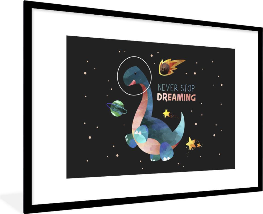 MuchoWow Gerahmtes Poster Zitate - Sprichwörter - 'Hör nie auf zu träumen' - Raumfahrt - Jungen - Kinder - Kinder 90x60 cm - Poster mit Schwar...