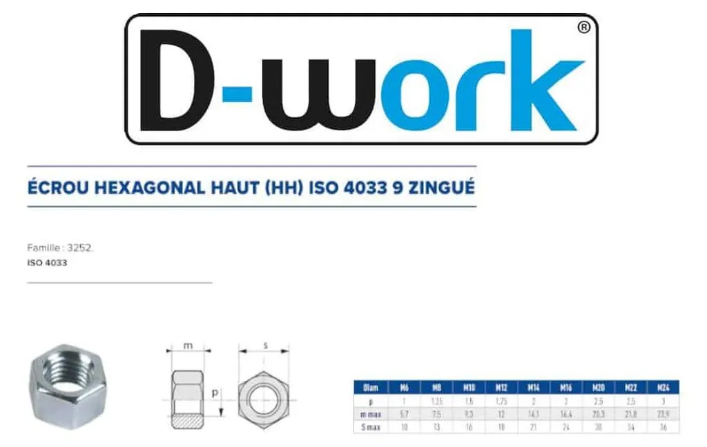 Écrou Hexagonal M10 de Type Haut en Acier Zingué Blanc - 500 pcs