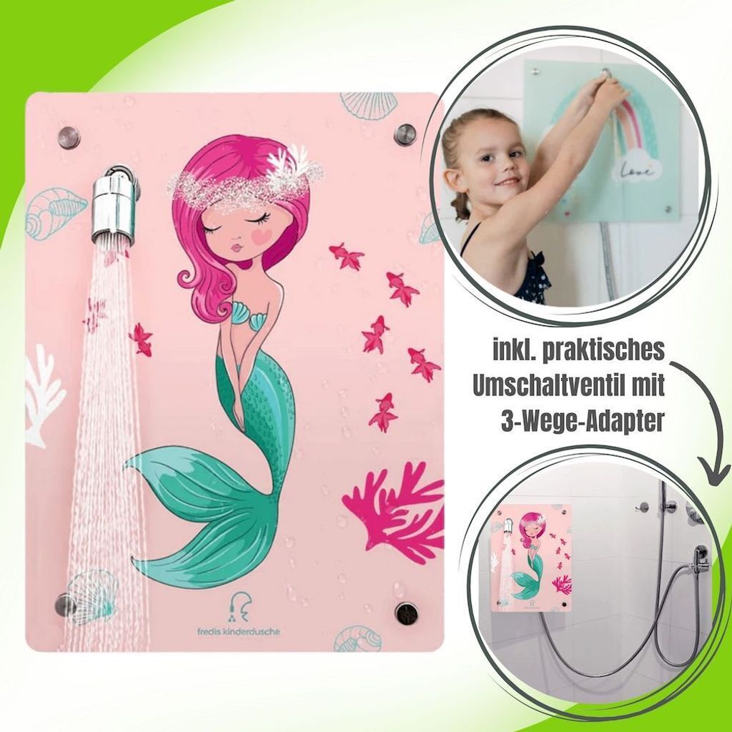 A collage of images showing a mermaid-themed children's shower panel, a child using a rainbow-themed shower panel, and a close-up of the mermaid shower panel installed in a shower.