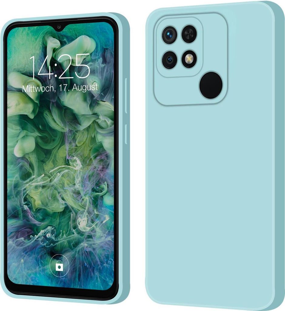 A light blue phone case is shown from the front and back, with the front displaying a phone screen.