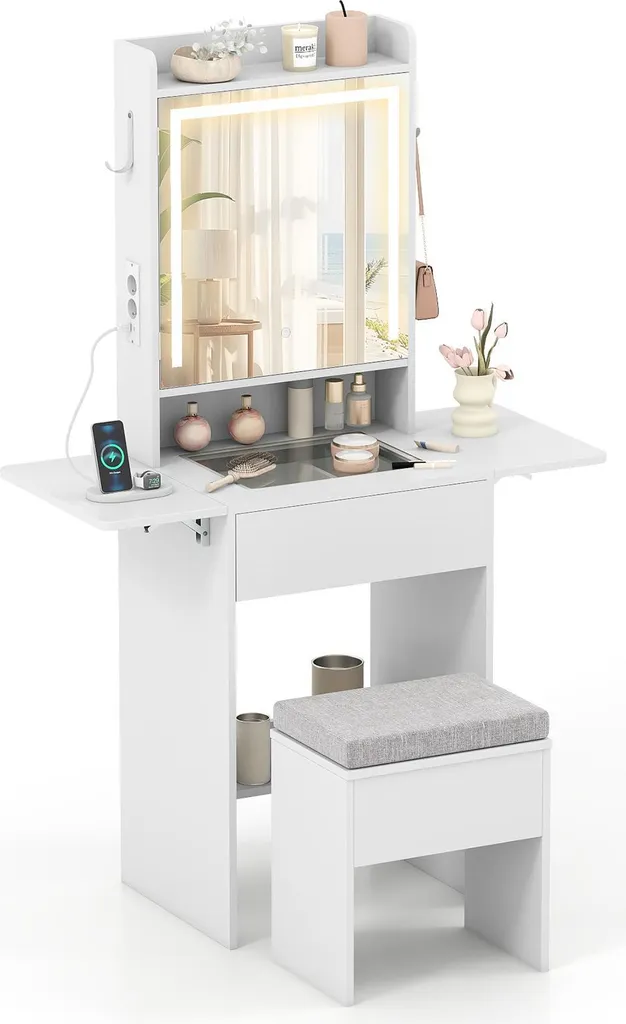 Coiffeuse avec prises électriques intégrées et miroir LED ajustable