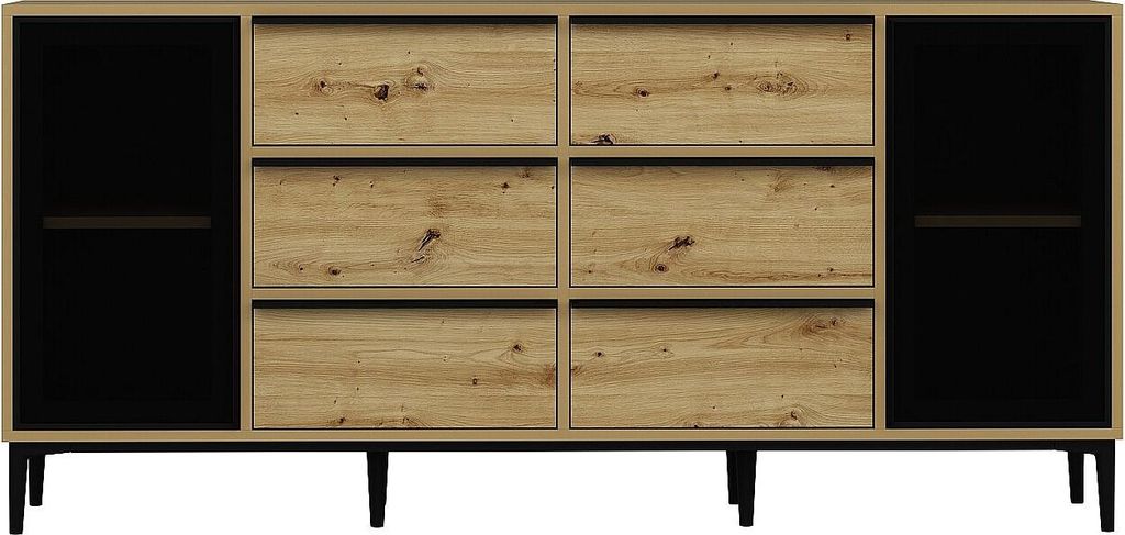 Kommode mit 2 Türen aus gehärtetem Glas und 6 Schubladen - Natur und schwarz - MOLINIA