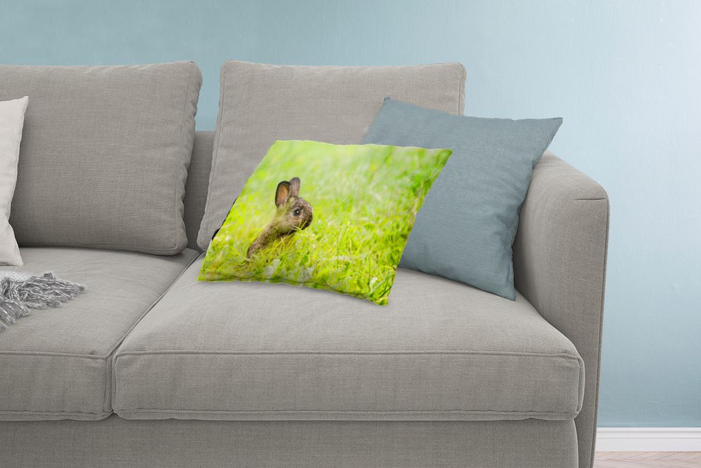 MuchoWow Zierkissen Sofakissen Wohnzimmer Dekokissen 60x40 cm Kaninchen - Baby - Gras - Kopfkissen - Polster mit Foto