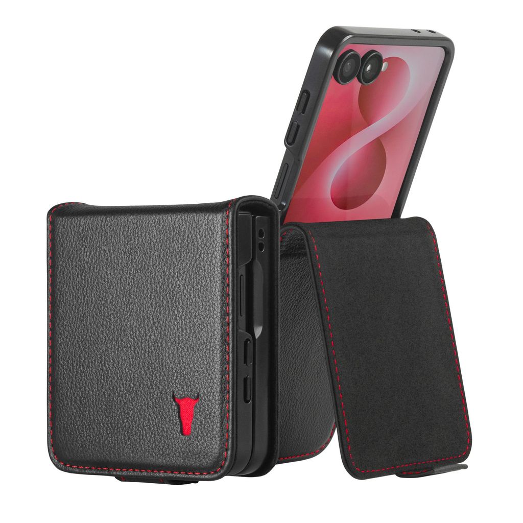TORRO Galaxy Z Flip8 Lederhülle - Schwarz mit Rotem Detail Produktbild 
