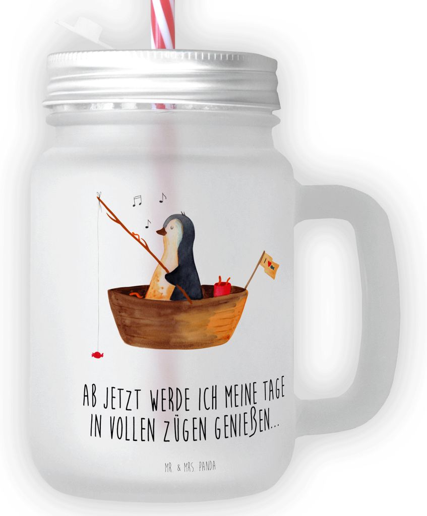 Mr. & Mrs. Panda Glas Pinguin Angelboot - Transparent - Geschenk, Boot, Trinkglas mit Deckel, Neustart, Angeln, Cocktailglas, Und Strohhalm, Optimi...