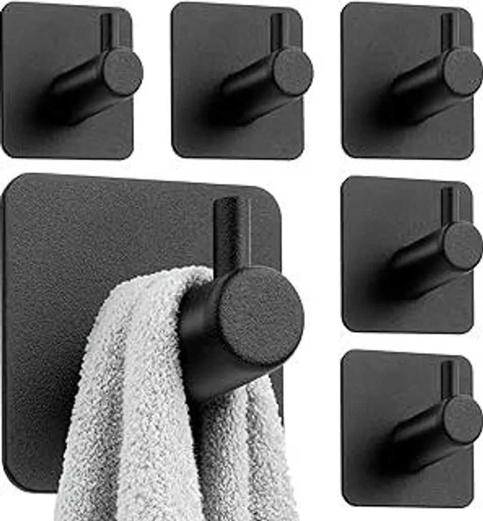 Portasciugamani senza foratura - Set di 6 ganci portasciugamani neri Portasciugamani da bagno in acciaio inossidabile Ganci autoadesivi con ganci adesivi 3M Elevata capacità di carico Ganci impermeabili per il bagno