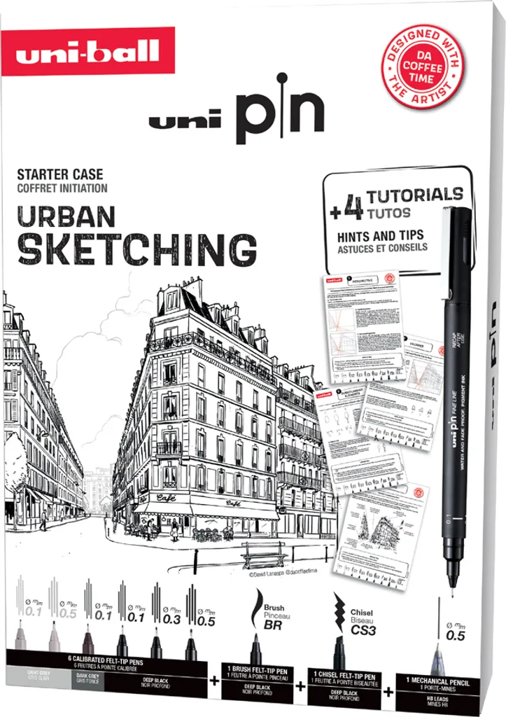 Uni Pin Fineliner Set Da 3 Penne Da Disegno – Punta 0,1mm, 0,5mm E Pennello, Inchiostro Grigio Scuro, Resistente All'Acqua E UV, Per Artisti E Illustratori