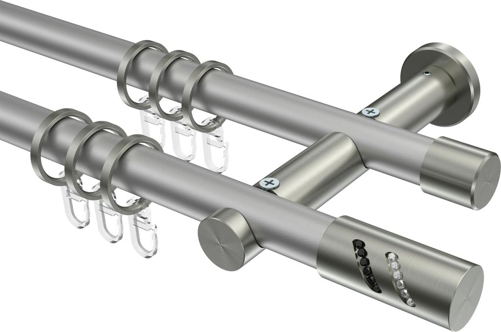 Interdeco Gardinenstange / Vorhangstange Silbergrau / Edelstahl-Optik, Typ Platon Zoena (Glitzerzylinder), 20 mm Ø 2-läufig, 440 cm