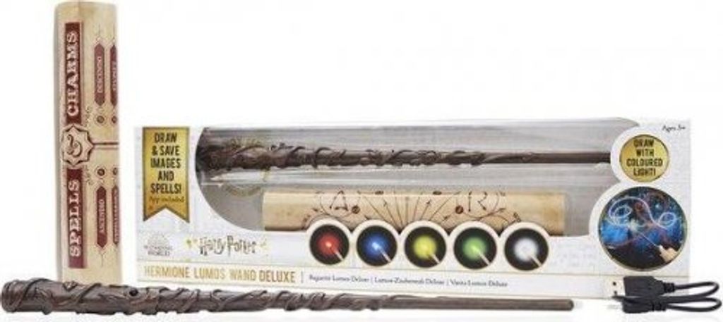 A product shot of a Harry Potter Hermione Deluxe Lumos Wand set, including packaging and accessories.