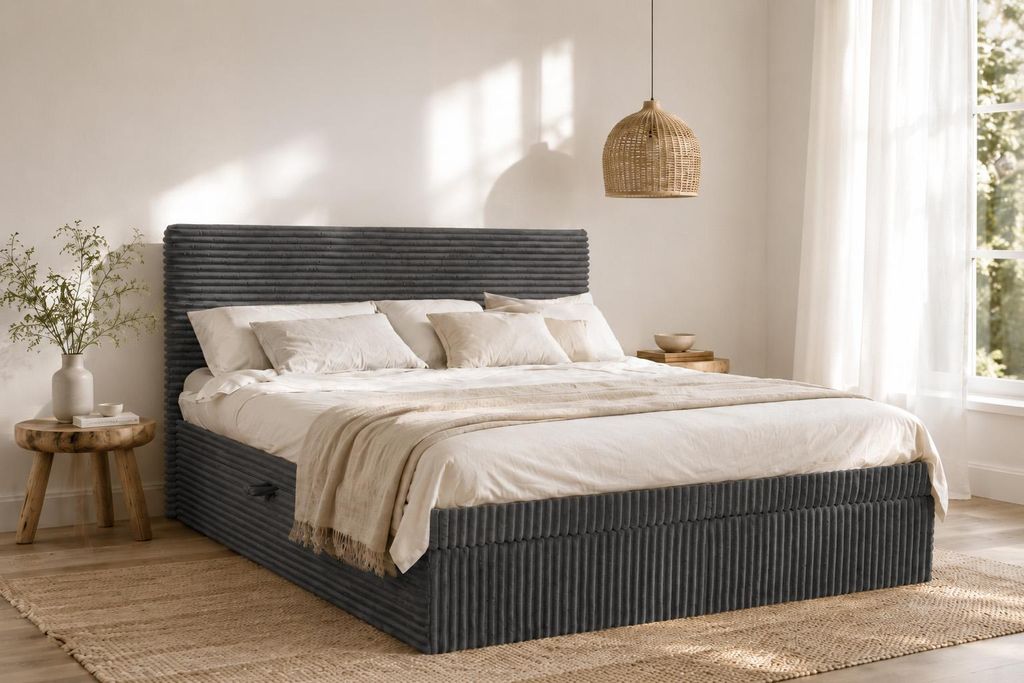 Kaiser Möbel Boxspringbett mit bettkasten und topper TRENTO, ohne Bein stoff Plüsch Cord 180x200 cm Graphit H2-Pocket