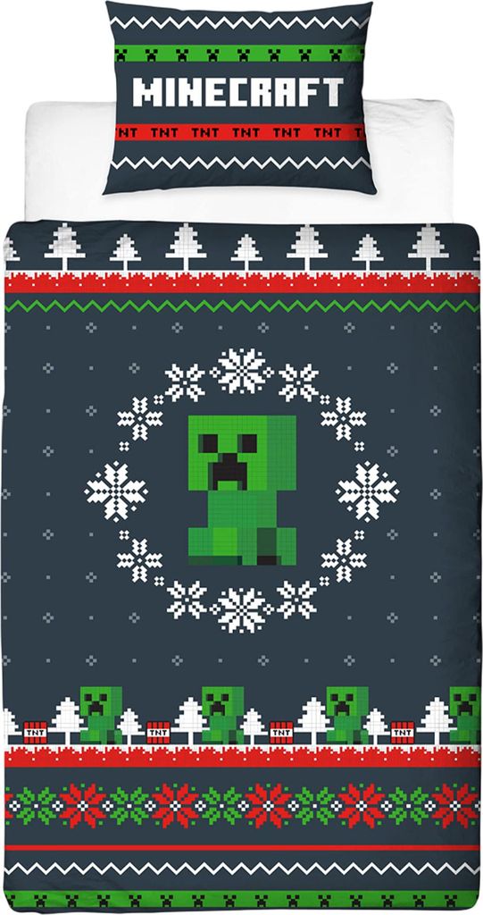 A Minecraft-themed duvet cover and pillowcase set with a festive, pixelated design.