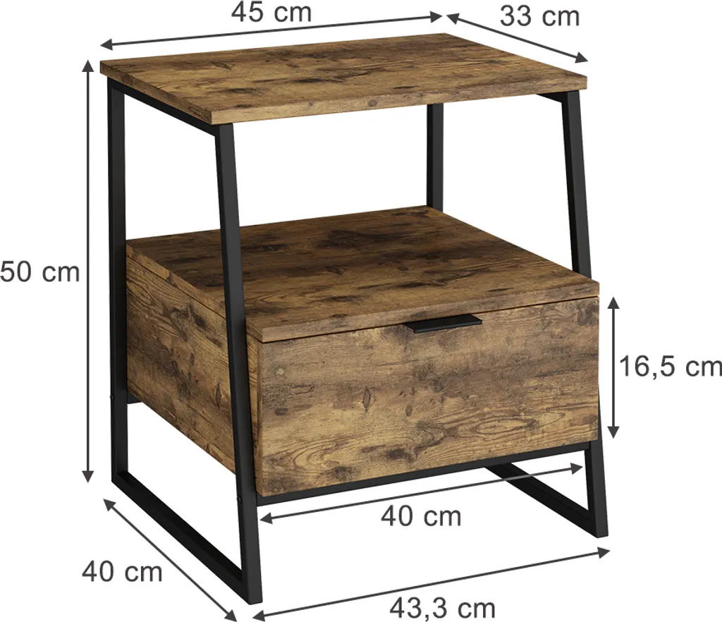 Table de nuit Vicco Lunor Chêne rustique et Noir, Lot de 2 Modèle 55282