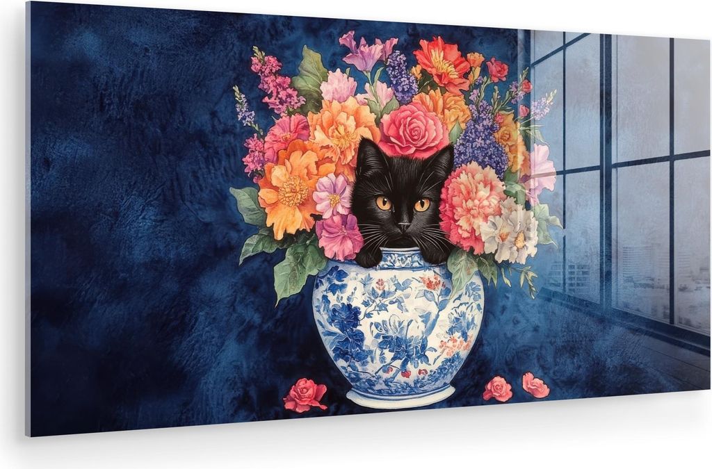 MuchoWow Glasbilder - Bilder auf Wandbild - Foto auf Glas Katze - Bunte Blumen - Vase 80x40 cm Wanddekoration aus Glas - Acrylglasbild - Acrylbilde...