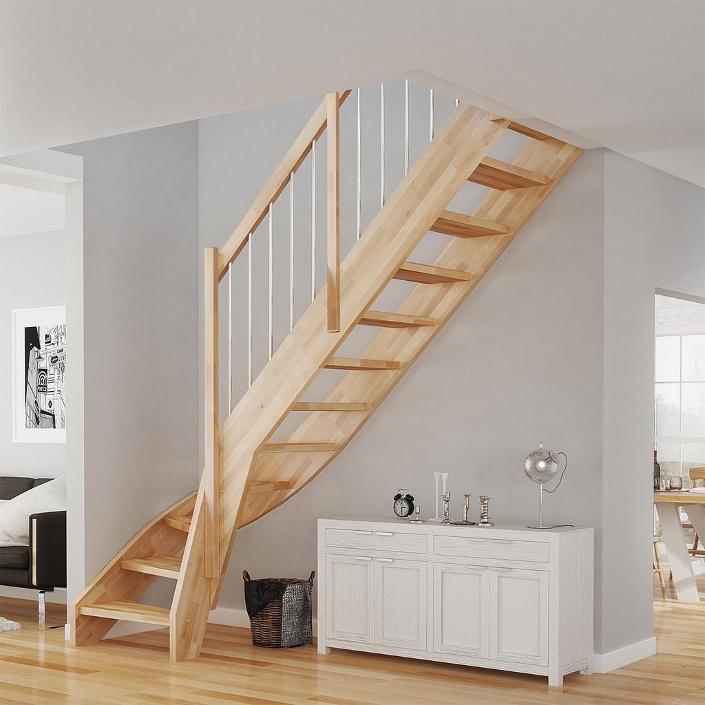 Dolle Raumspartreppe Faro 1/4-gewendelt 243-299cm GH 55-75cm breit Buche versiegelt Stabgeländer aus Holz rund 20 mm