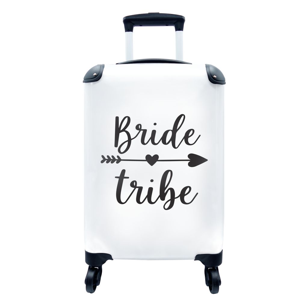 MuchoWow Koffer Handgepäck Trolley Rollkoffer Kleine Reisekoffer mit 4 Rollen - Pfeil durch ein Herz mit den Worten "Bride" und "Tribe" auf wei...