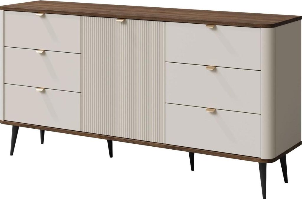 MIRJAN24 Sideboard 6S1D MARLY REG 9, Kommode mit sechs Schubladen und eins Drehtüren, Schwarze Metallfüße (Farbe: Cashmere / Cashmere + Nuss)
