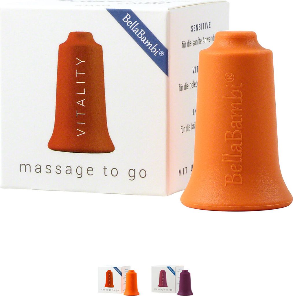 A product shot of a BellaBambi massage tool and its packaging, with smaller product variations shown at the bottom.