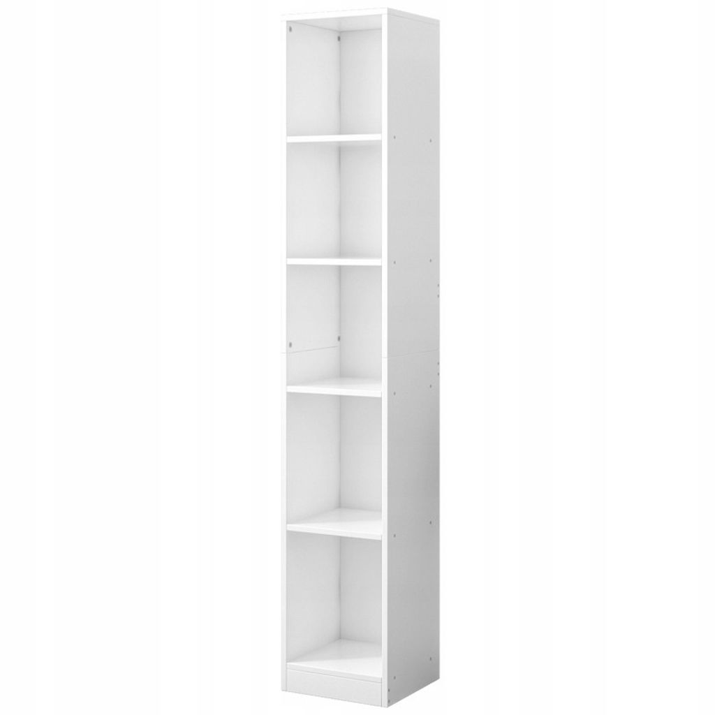 A tall, narrow white bookshelf with five shelves against a white background.