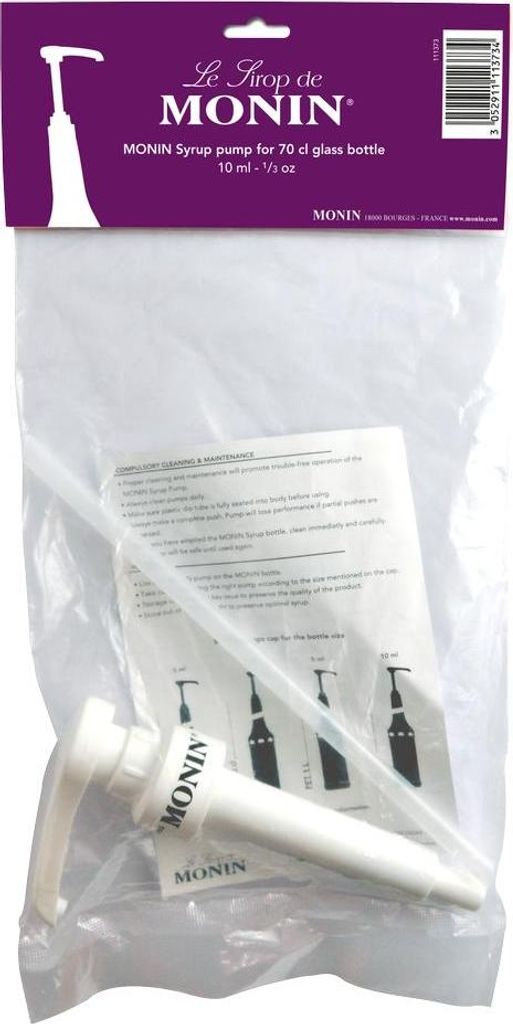 A Monin syrup pump packaged in a clear plastic bag, with the brand's purple header card visible.