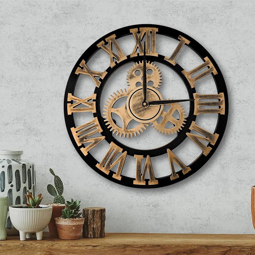 Stille Wandklok | Industrieel Design | 3D Zahnrad | Ohne Ticken | Römische Ziffern | 50 cm
