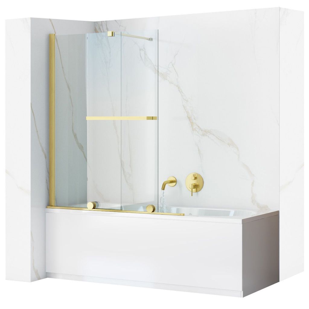 A modern bathroom corner with a bathtub, shower screen, and gold fixtures.