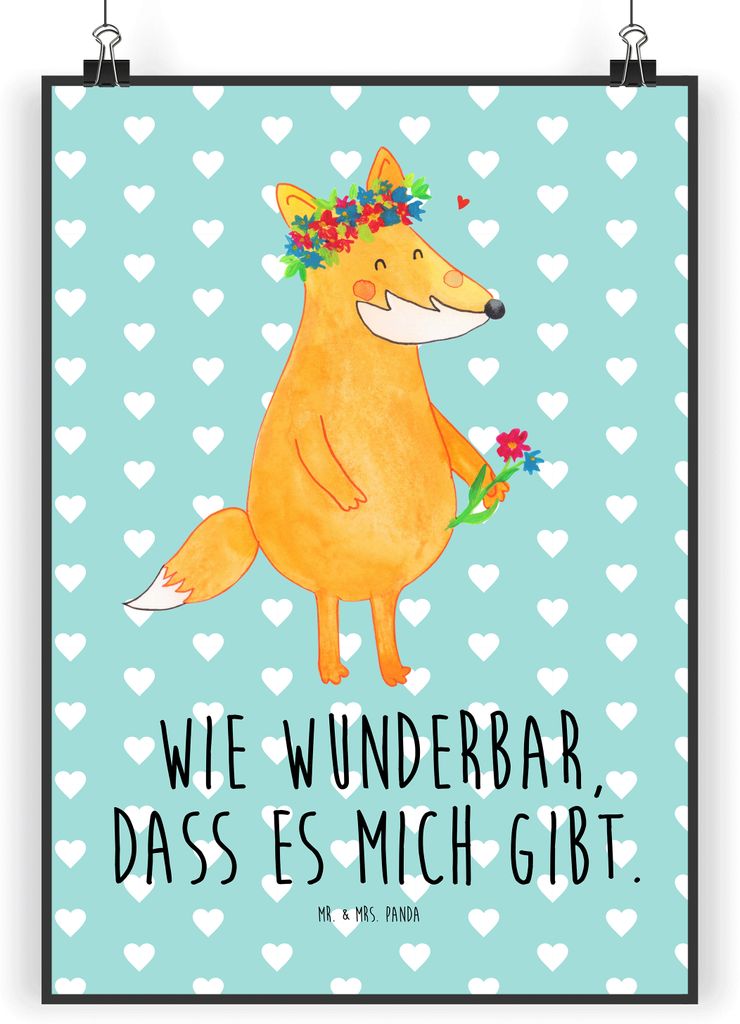Mr. & Mrs. Panda Bild Fuchs Blumen DIN A3 - Türkis Pastell - Geschenk, Wandbild, Ich, Design Poster, Blumenmädchen, Kunstdruck, Selbstbewusst, Bo...