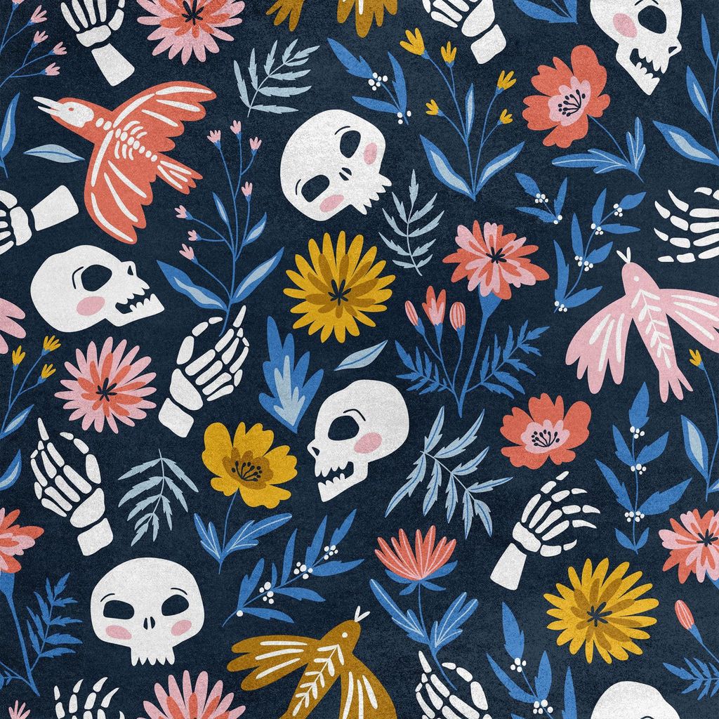 Royal Samt Stoff Polyester Zum Nähen - Motiv Skelette in Blumen