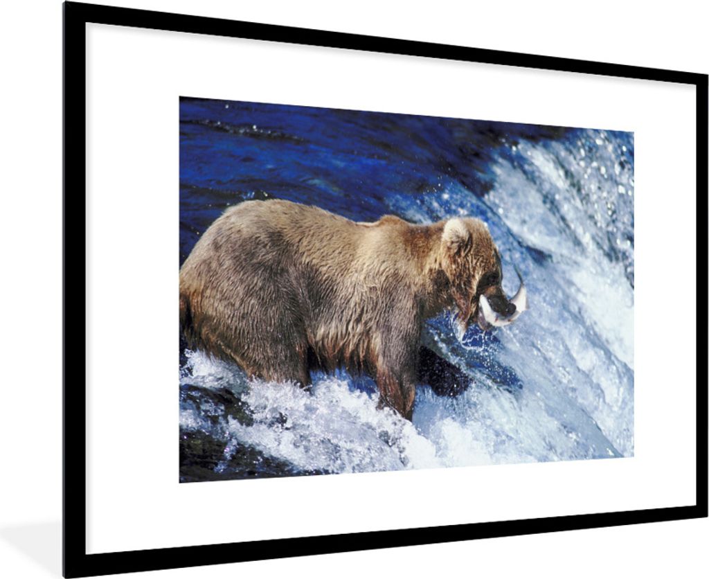 MuchoWow MuchoWow Gerahmtes Poster Bär - Fisch - Wasserfall 90x60 cm - Poster mit zchwarzem Bilderrahmen - Wanddekoration - Fotos