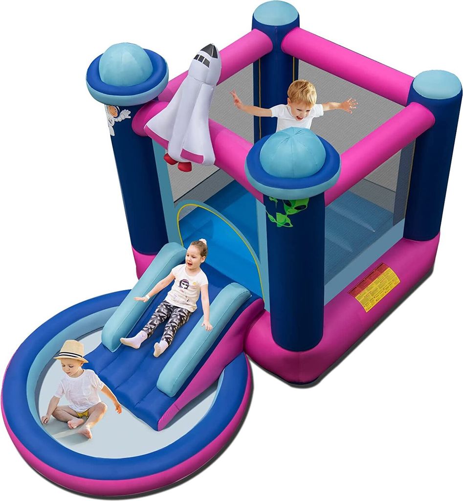 GOPLUS Aufblasbare Hüpfburg, Weltraum Spielburg Set mit Rutsche, Ozean Bällebad, Kinder Hüpfschloß mit Erdspießen, Reparaturset und Tragetasche (ohne Gebläse)