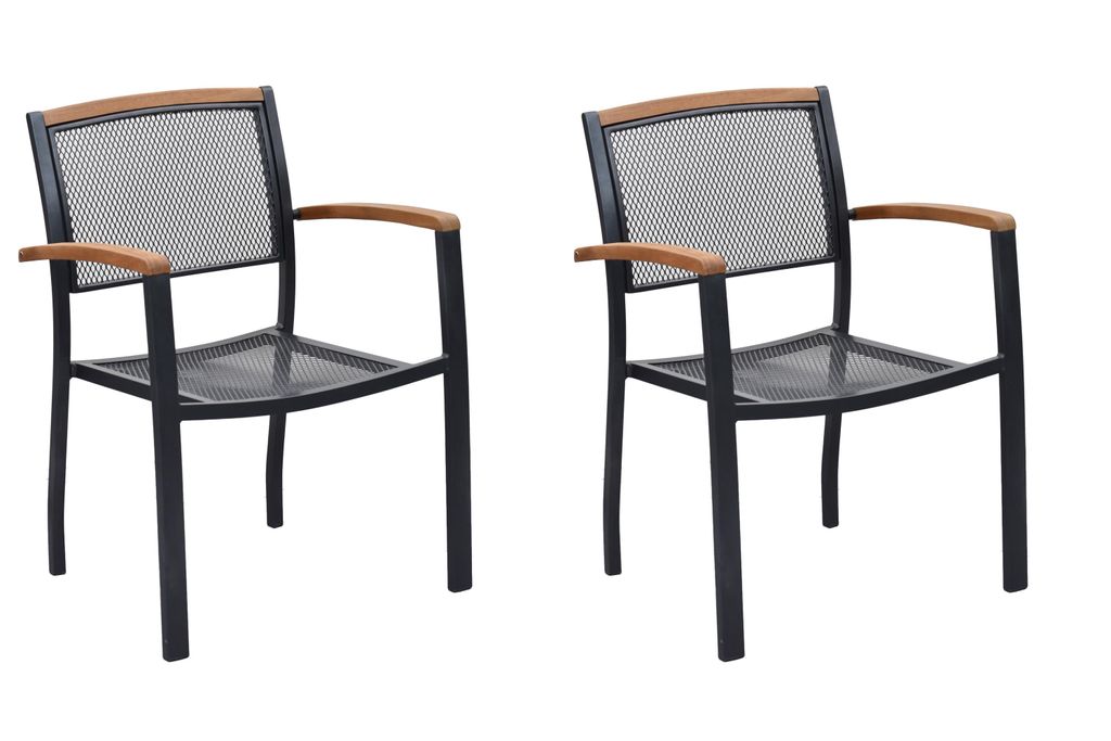Two identical outdoor chairs are shown against a white background.