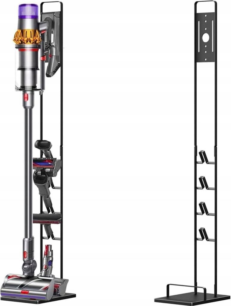A vacuum cleaner and its accessories are displayed on a stand.