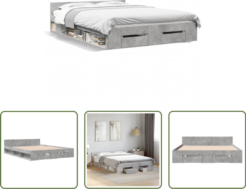 The Living Store Bettgestell mit Schubladen Betongrau Produktbild 