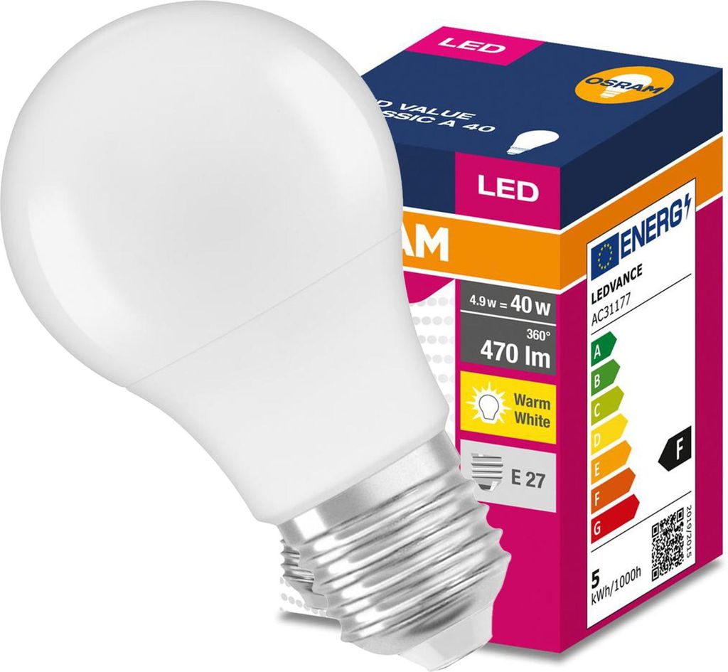 A white LED light bulb is shown next to its packaging, which displays product information and energy efficiency ratings.