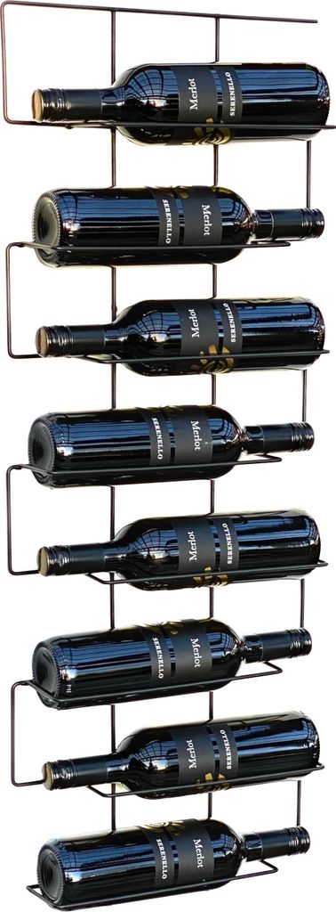 A wall-mounted metal wine rack holding multiple bottles of red wine.