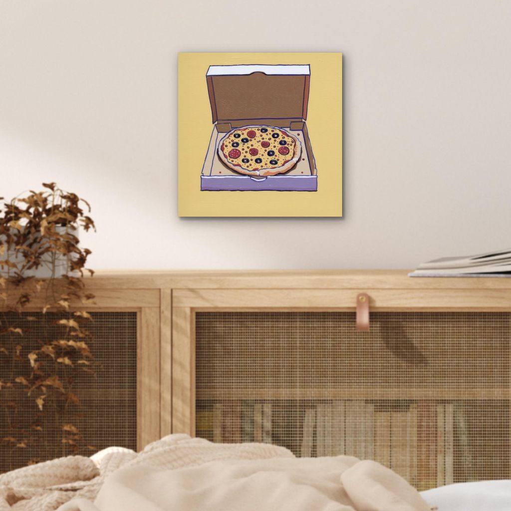MuchoWow Wanddekoration Metall Metallbild Wandkunst 20x20 cm Pizza - Schachtel - Salami - Illustration MuchoWow Aluminium Gemälde - Alu Dibond Bilder