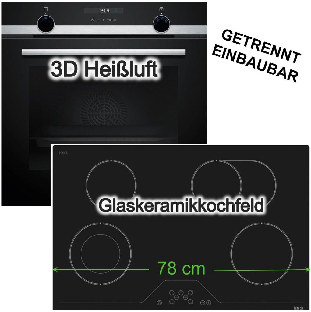 Herdset Backofen Siemens 3D-Heißluft Hydrolyse Schnellvorheizen + h|tech Kochfeld 78cm Bräterzone Touch