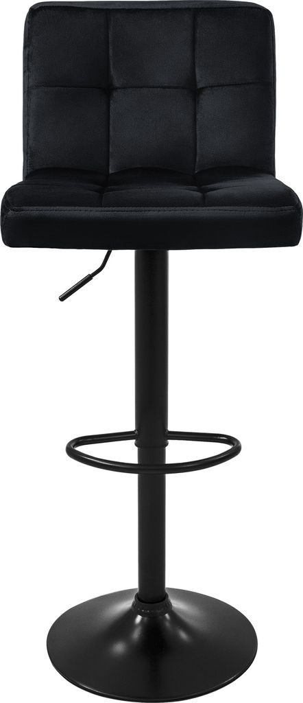 A black bar stool is shown against a white background.