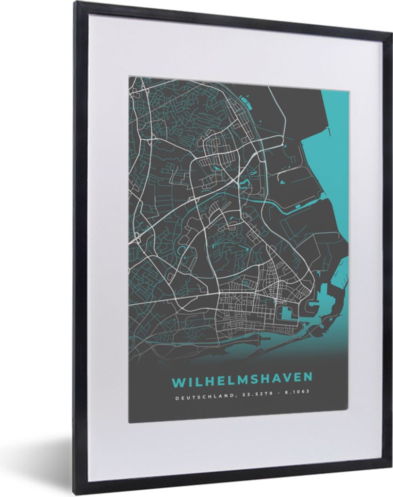 MuchoWow Gerahmtes Poster Blau - Deutschland - Karte - Stadtplan - Wilhelmshaven 30x40 cm - Poster mit Schwarzem Bilderrahmen Wandposter Rahmen F...