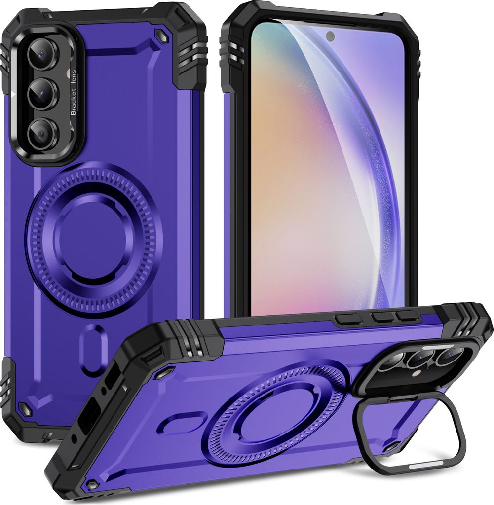Magnetisch Hülle für Samsung Galaxy A54, Heavy Duty Militärischer Stoßfest Handyhülle Kamera-Ringständer Lila